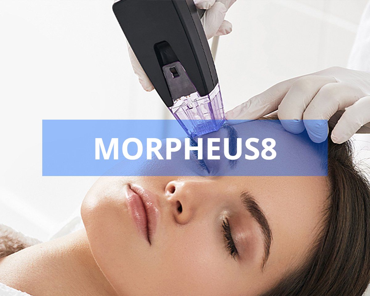 Woman receiving Morpheus8 skin treatment, with a device on her face. The word 