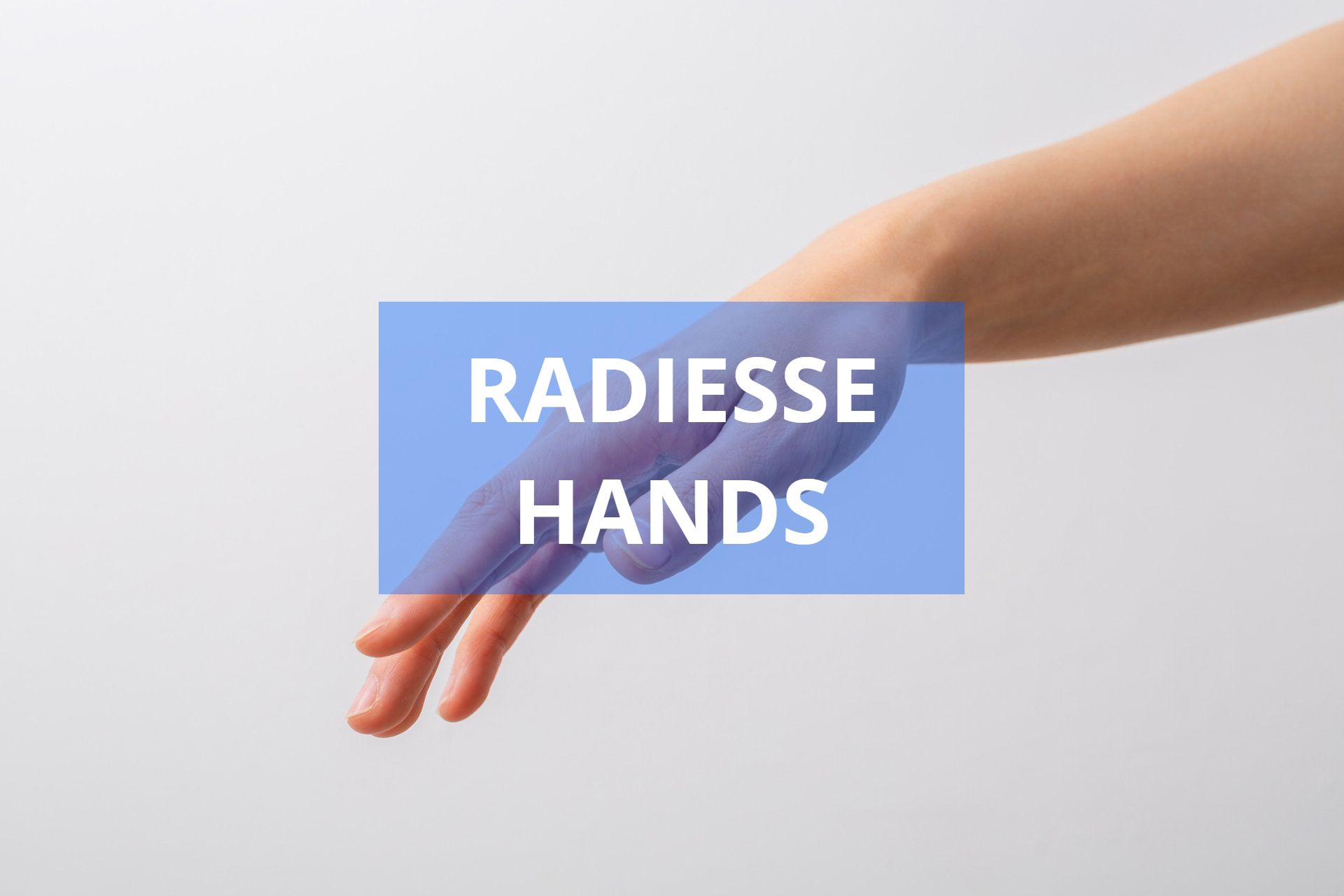 A hand reaching down with a blue box overlay that reads 