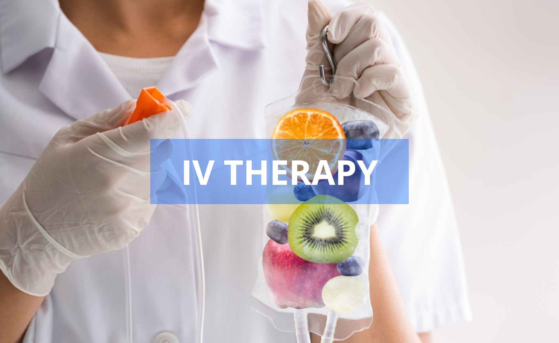 Medical worker holding IV bag filled with fruit; text overlay reads 