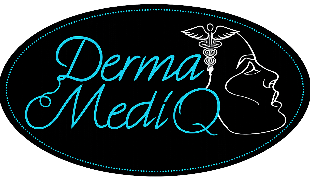 Logo for Derma MediQ, a medical spa. Features teal script text on a black oval with a caduceus and a face profile.