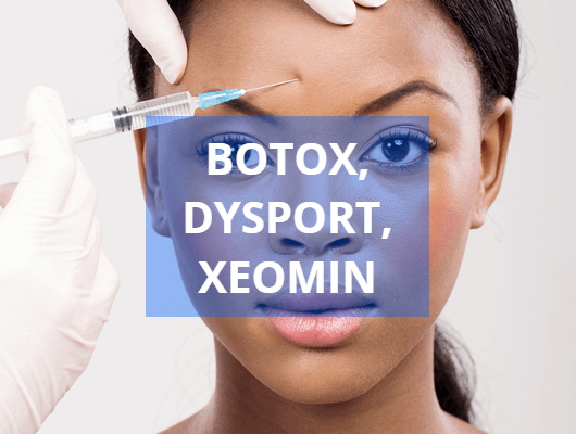 A person receiving a Botox injection in the forehead. White gloved hand holds syringe. Text overlay: Botox, Dysport, Xeomin.