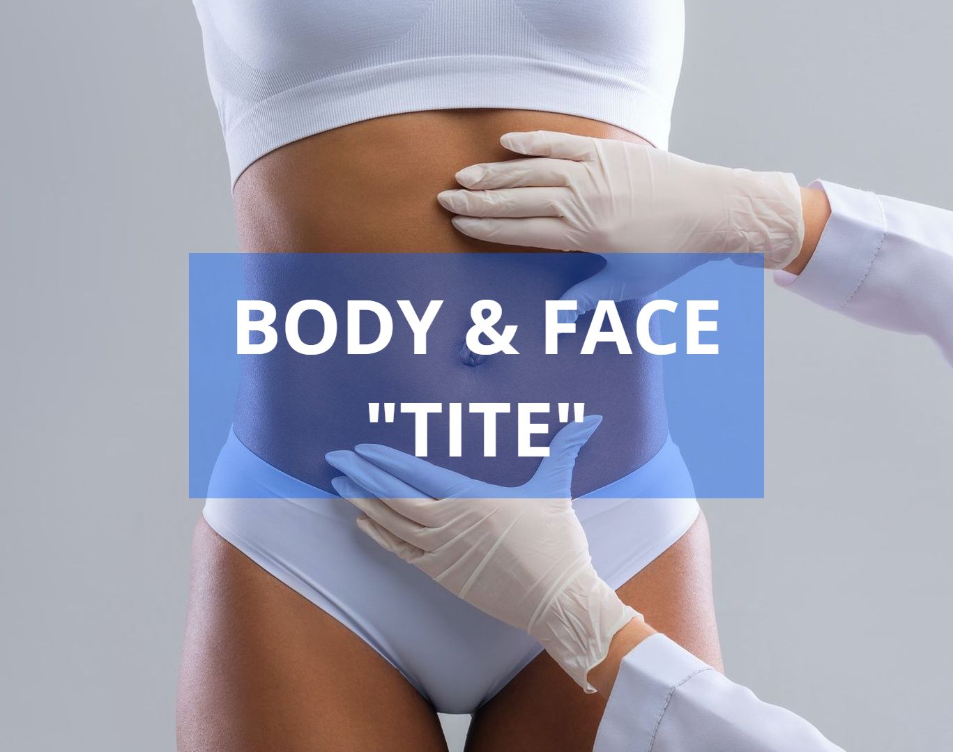 A person's midsection is being examined by two gloved hands; text overlay reads, 