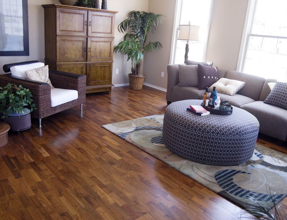 Living room with wood floors, brown couch, wicker chair, large ottoman, and potted plants.
