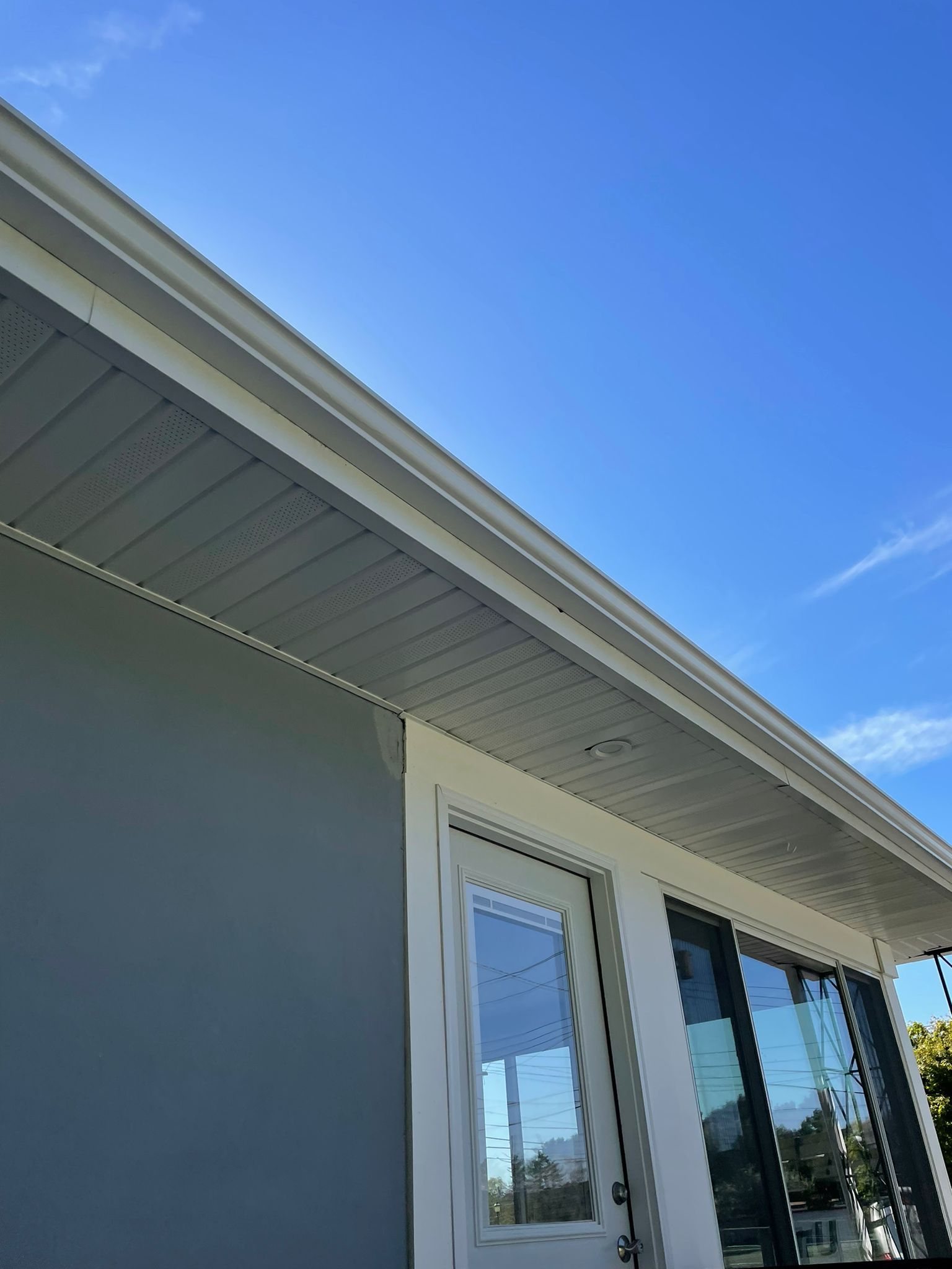 A house with a blue sky in the background and a white door.
