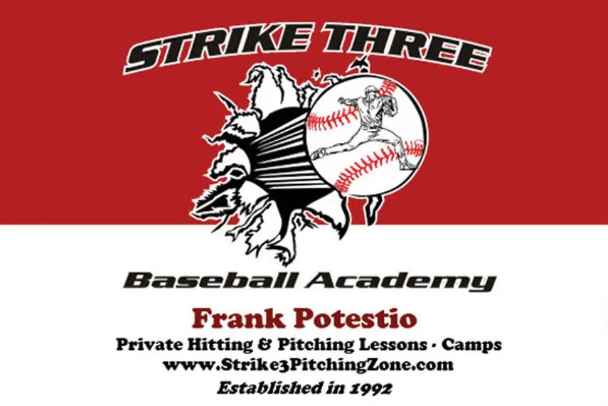 Strike Three Baseball Academy logo on red background with baseball and pitcher graphic