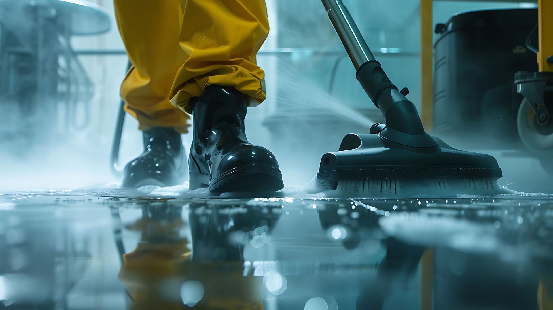 Iemand is de vloer aan het schoonmaken met een stofzuiger.