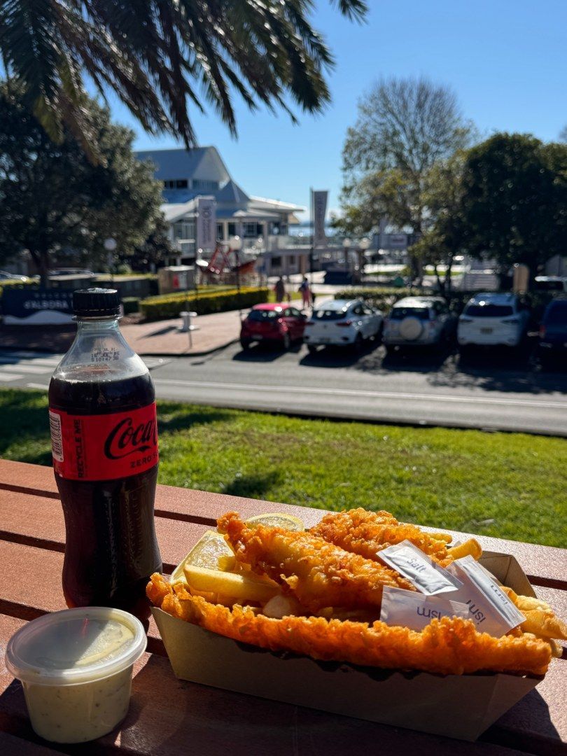 Fish and Chips With Coke in a Cardboard Tray — Aussie Fish & Chips Nelson Bay in Nelson Bay, NSW