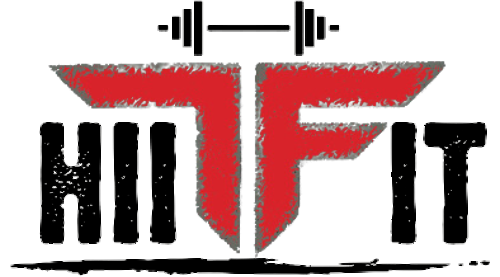 A red and black logo for a gym called hi fit.