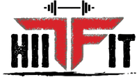 A red and black logo for a gym called hi fit.