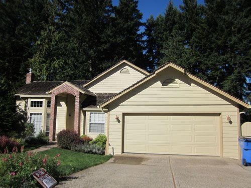 A house with a large garage door is surrounded by trees.