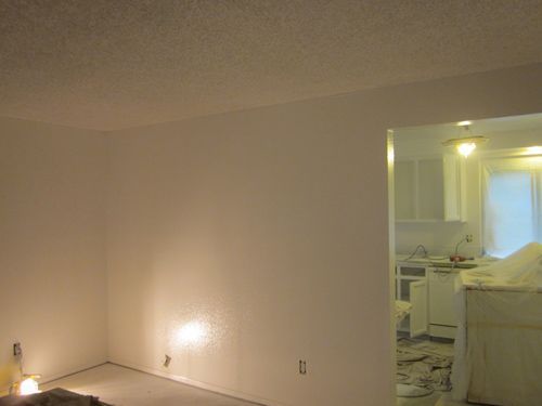 A room with white walls and a kitchen in the background.