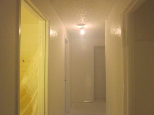 A hallway with a light on the ceiling and a yellow door.