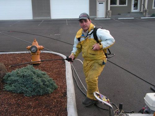 A man spraying a fire hydrant with a hose