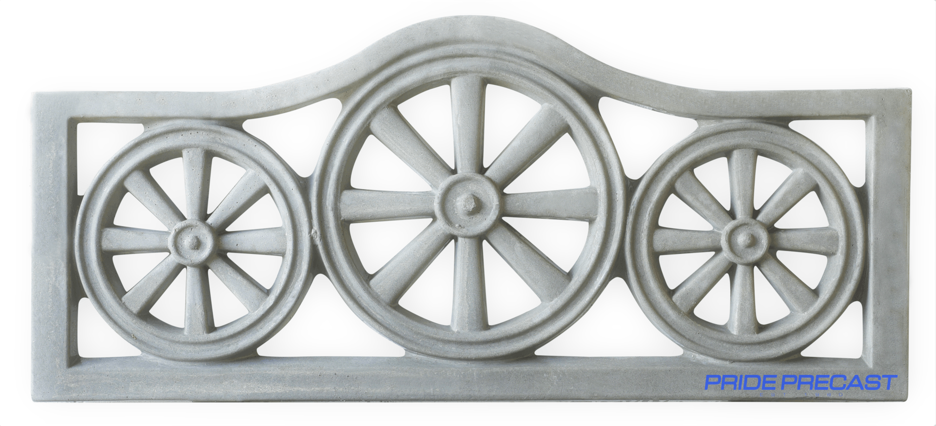 A concrete fence with three wagon wheels on it
