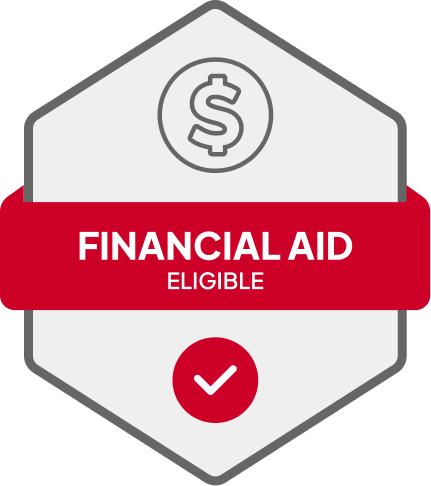 Badge: Financial Aid Eligible, blue banner, building icon, dollar sign.