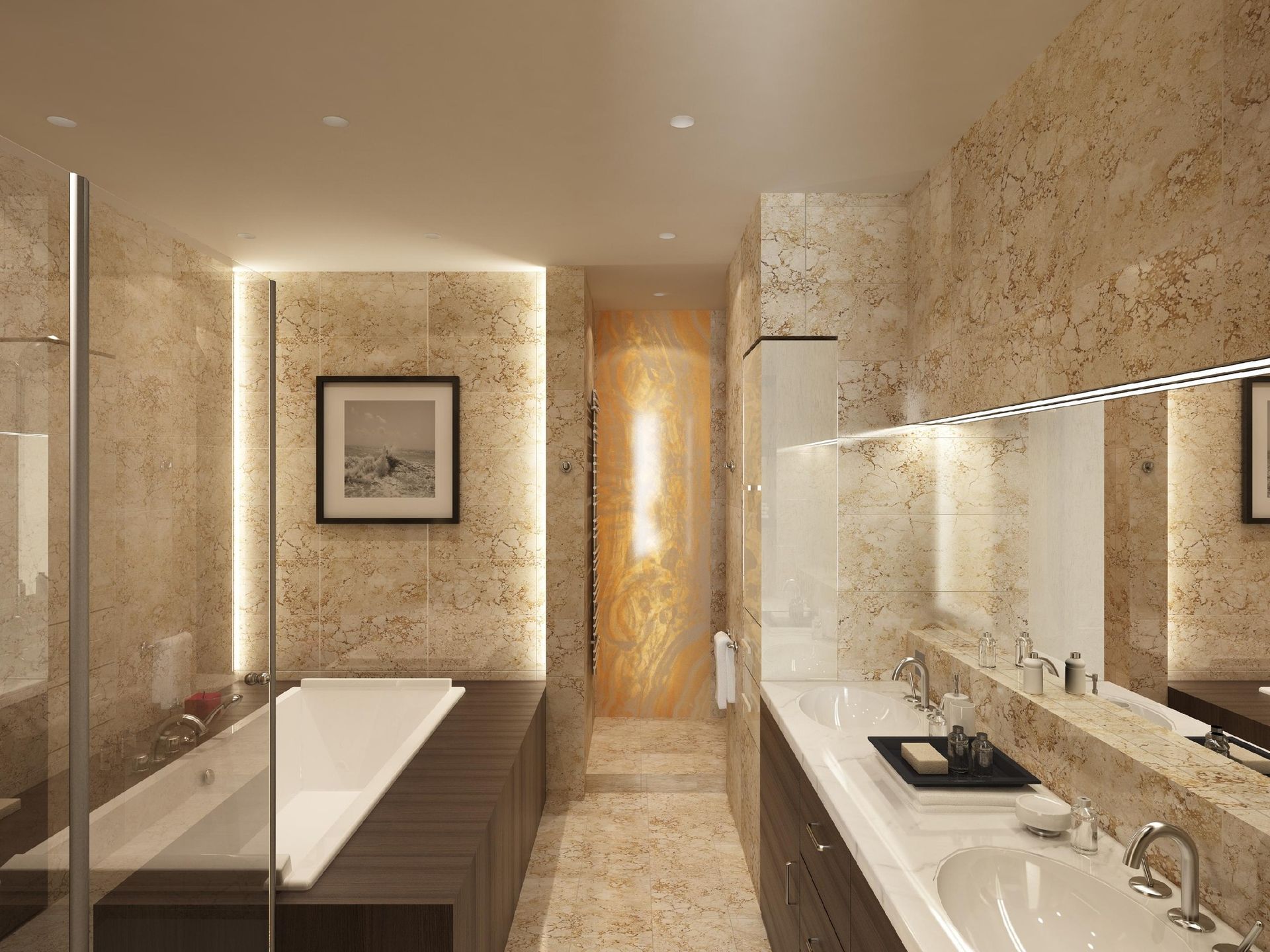 A bathroom with two sinks and a bathtub