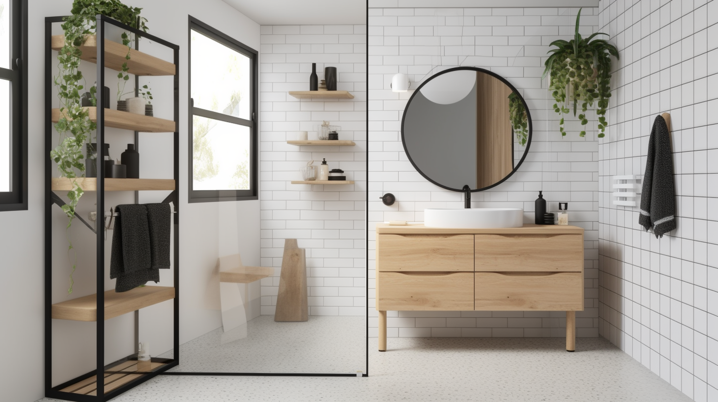 Een badkamer met een wastafel, spiegel en planken.