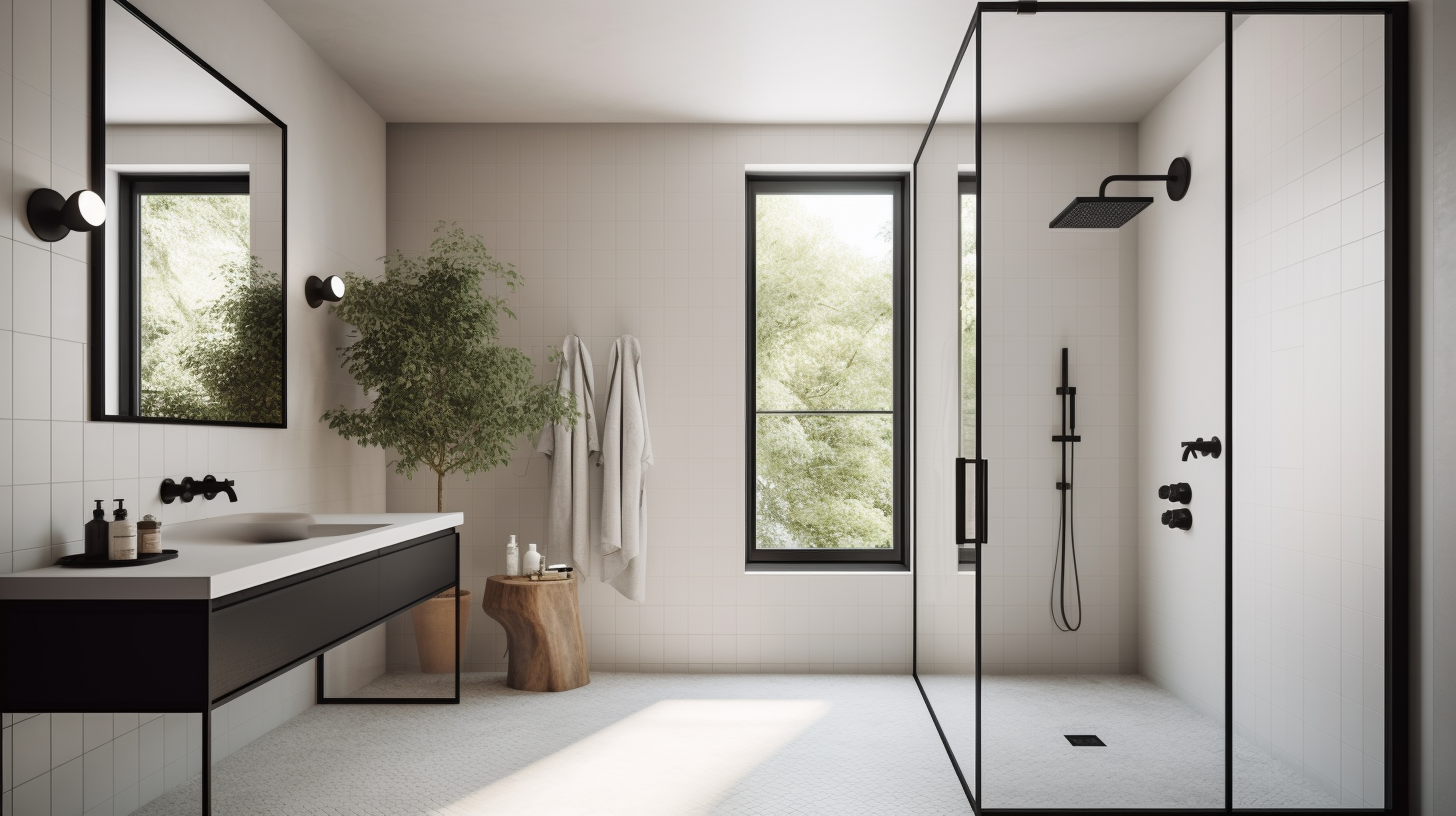 Een badkamer met douche, wastafel, spiegel en raam.