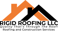 Logo for Rigid Roofing LLC: Overlapping orange and black house silhouettes, black text below, reads "RIGID ROOFING LLC, Quality That's Through The Roof! Roofing and Construction Services".
