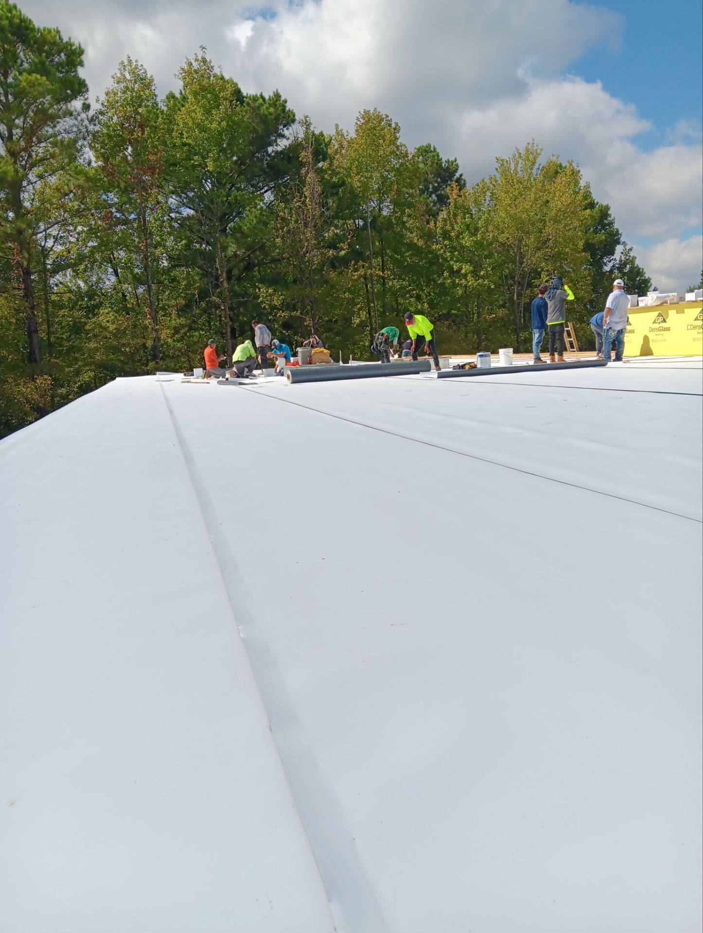 Workers installing white roofing material on a building's flat roof, under a blue sky. Trees in the background.