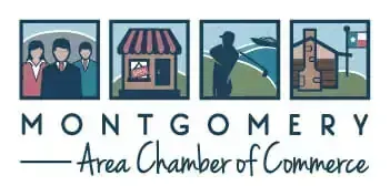 Montgomery Area Chamber of Commerce logo featuring people, a storefront, a farmer, and a building with a Texas flag.