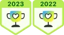 Badges with cups and hearts. 2023 and 2022 achievements in green and yellow.