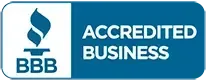 BBB Accredited Business logo, blue and white, torch symbol.