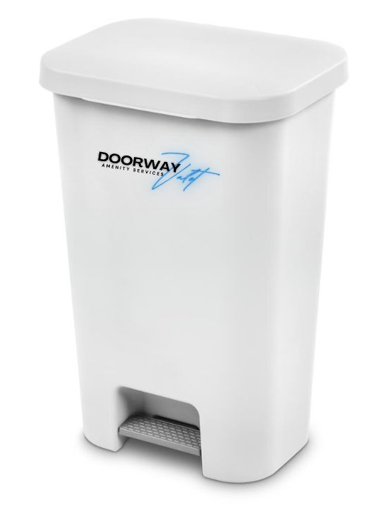 White, rectangular step-on trash can with a lid and pedal. "Doorway" logo is on the front.