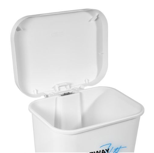 White trash can with lid open.