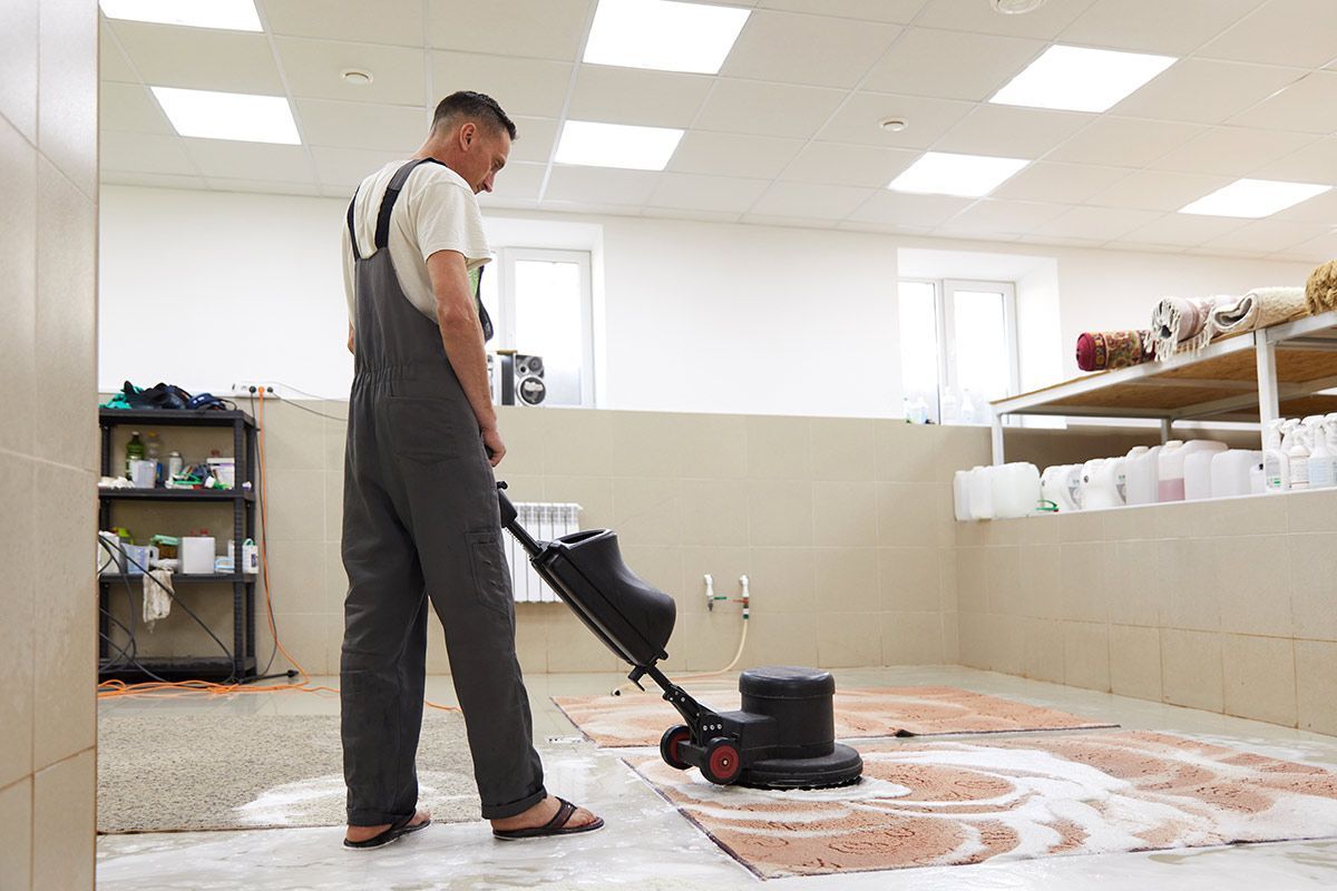 A Man Is Cleaning a Rug with A Machine in A Room — North Coast Commercial Cleaners In Bli Bli, QLD