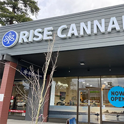 Rise Cannabis store exterior with sign and open door.