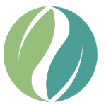 A green and blue circle with two leaves inside of it.