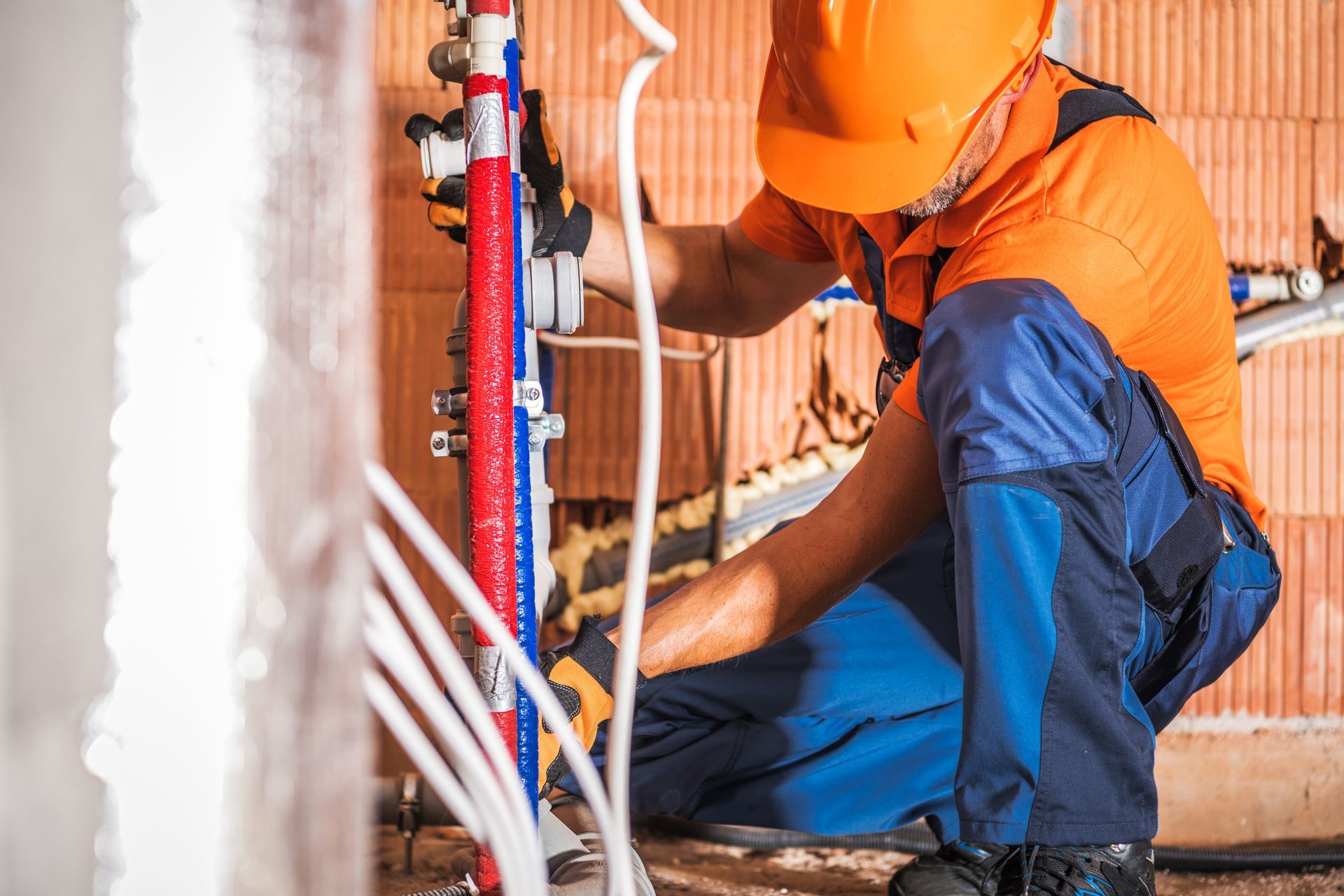 A man is kneeling down and working on a pipe.