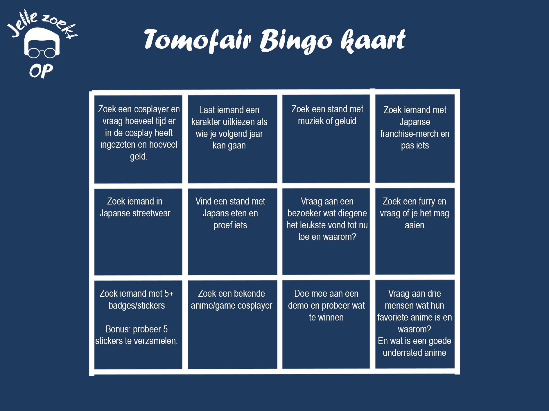 Jelle zoekt op Bingo kaart Tomofair