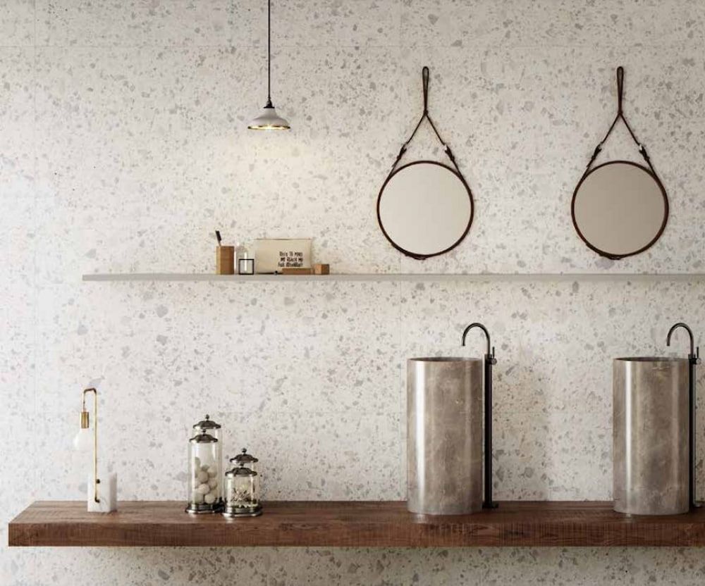 A Bathroom With Two Sinks And Two Mirrors On The Wall — Corrimal Ceramic Tiles Pty Ltd in Corrimal, NSW