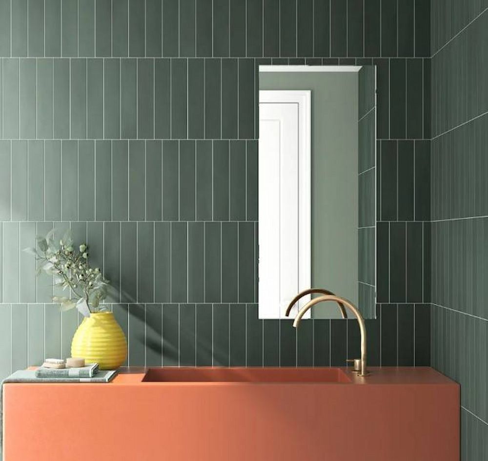 A Bathroom With Green Tiles, A Sink And A Mirror — Corrimal Ceramic Tiles Pty Ltd in Corrimal, NSW