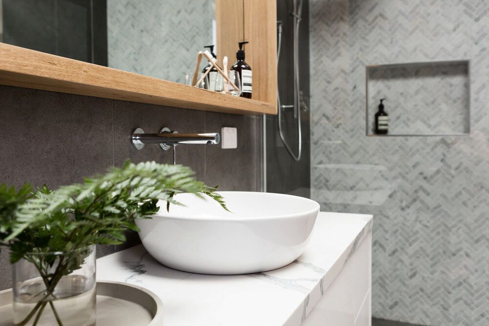 Modern Bathroom With White Bowl Sink — Corrimal Ceramic Tiles Pty Ltd in Corrimal, NSW
