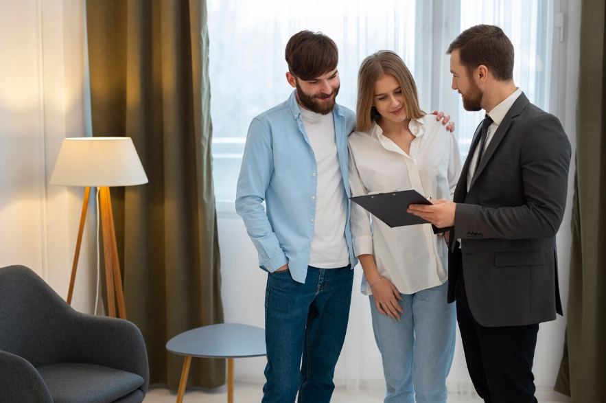  property managers having a discussion with a couple