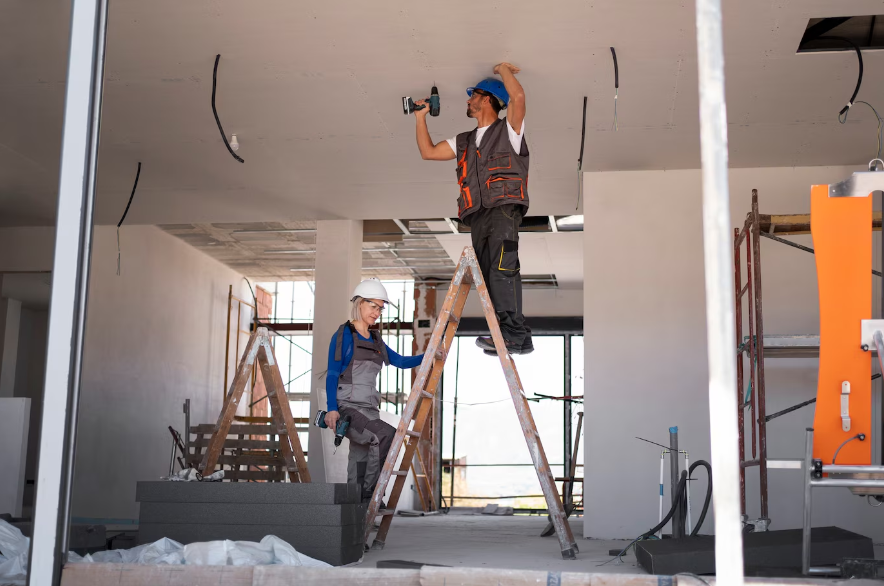 a man and woman standing on ladder