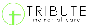 Logo for Tribute Memorial Care: a green cross within a green circle, next to the word 