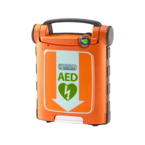 An orange aed device with an arrow pointing down
