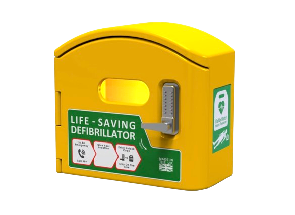 A yellow box that says life saving defibrillator on it