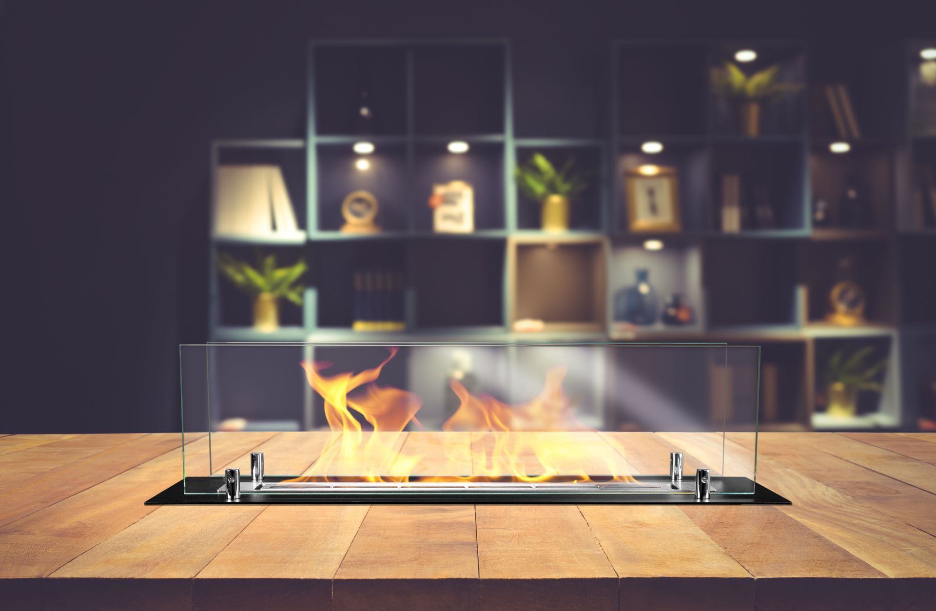 Lineaire inbouw bio-ethanolhaard 65 cm — mat zwart, met 2 geharde ruiten
