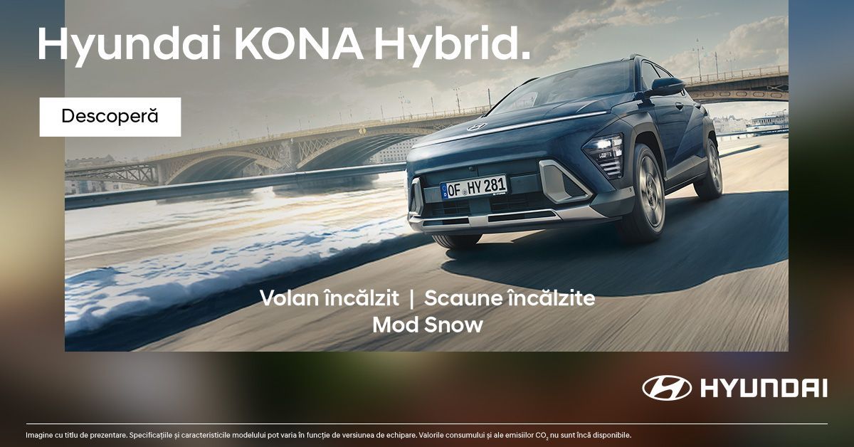 A yellow hyundai kona is parked in front of a building.