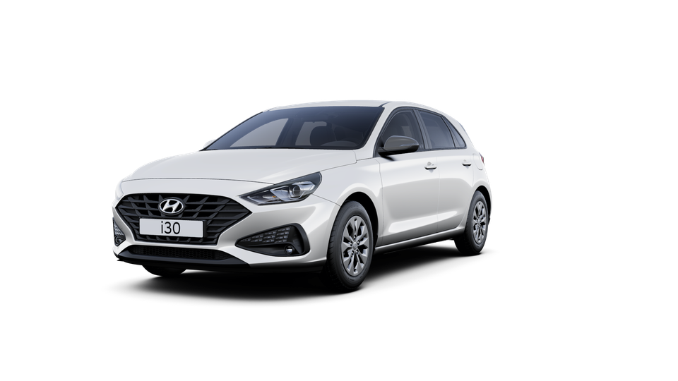 A white hyundai i30 hatchback is shown on a white background.