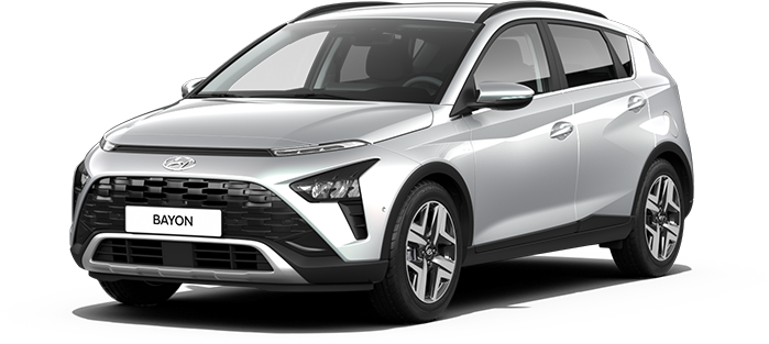 A silver hyundai bayon is shown on a white background.