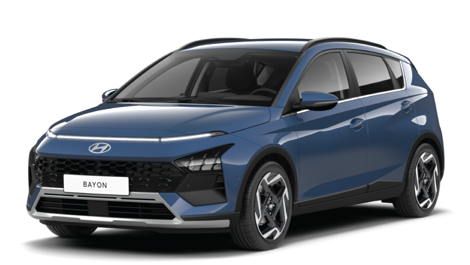 A blue hyundai bayon is shown on a white background.