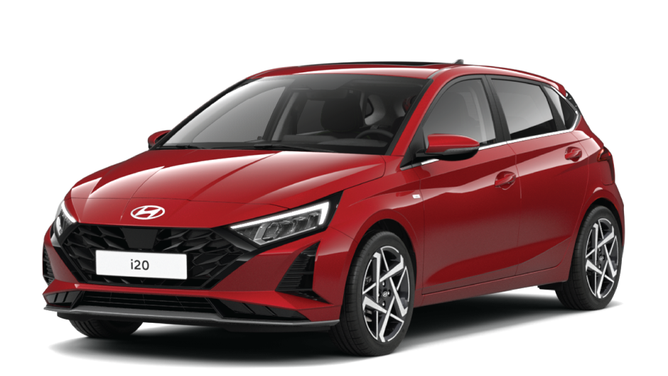 A red hyundai i20 hatchback is shown on a white background.