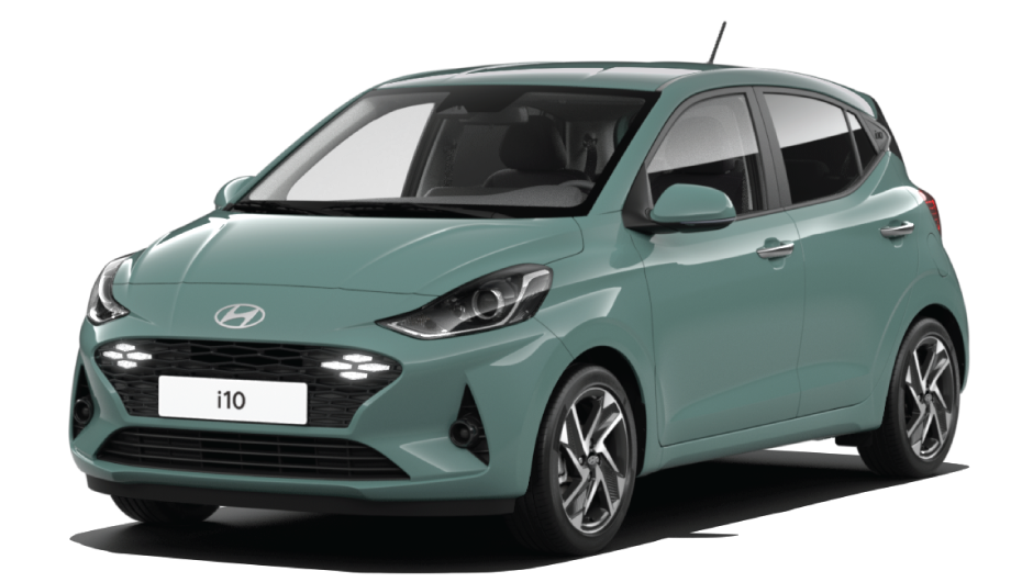 A green hyundai i10 hatchback is shown on a white background.