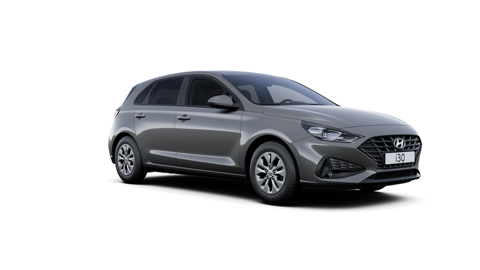 A gray hyundai i30 hatchback is shown on a white background.